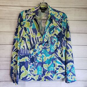 Peck & Peck Jacket LP Blue Green Abstract Print Lightweight Chic